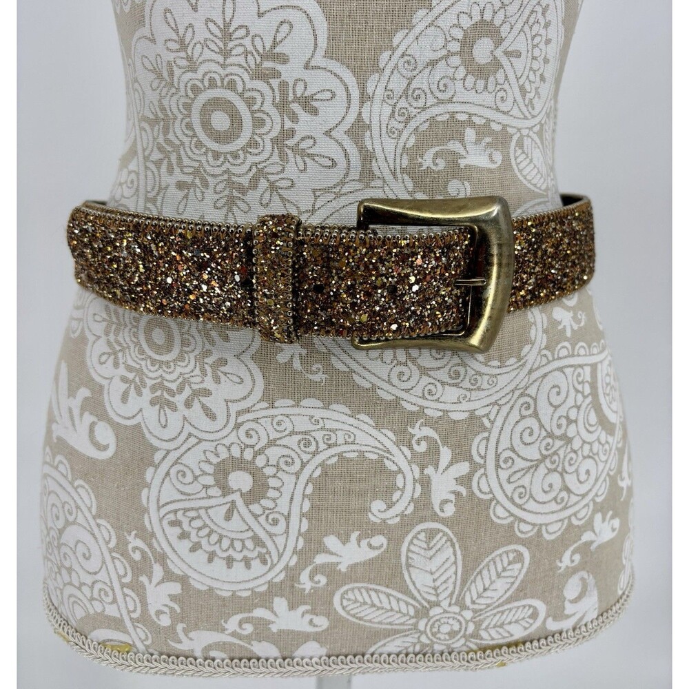 Vintage Gold Bronze Glitter Belt M/L Made USA 38in 1.5in Wide Statement